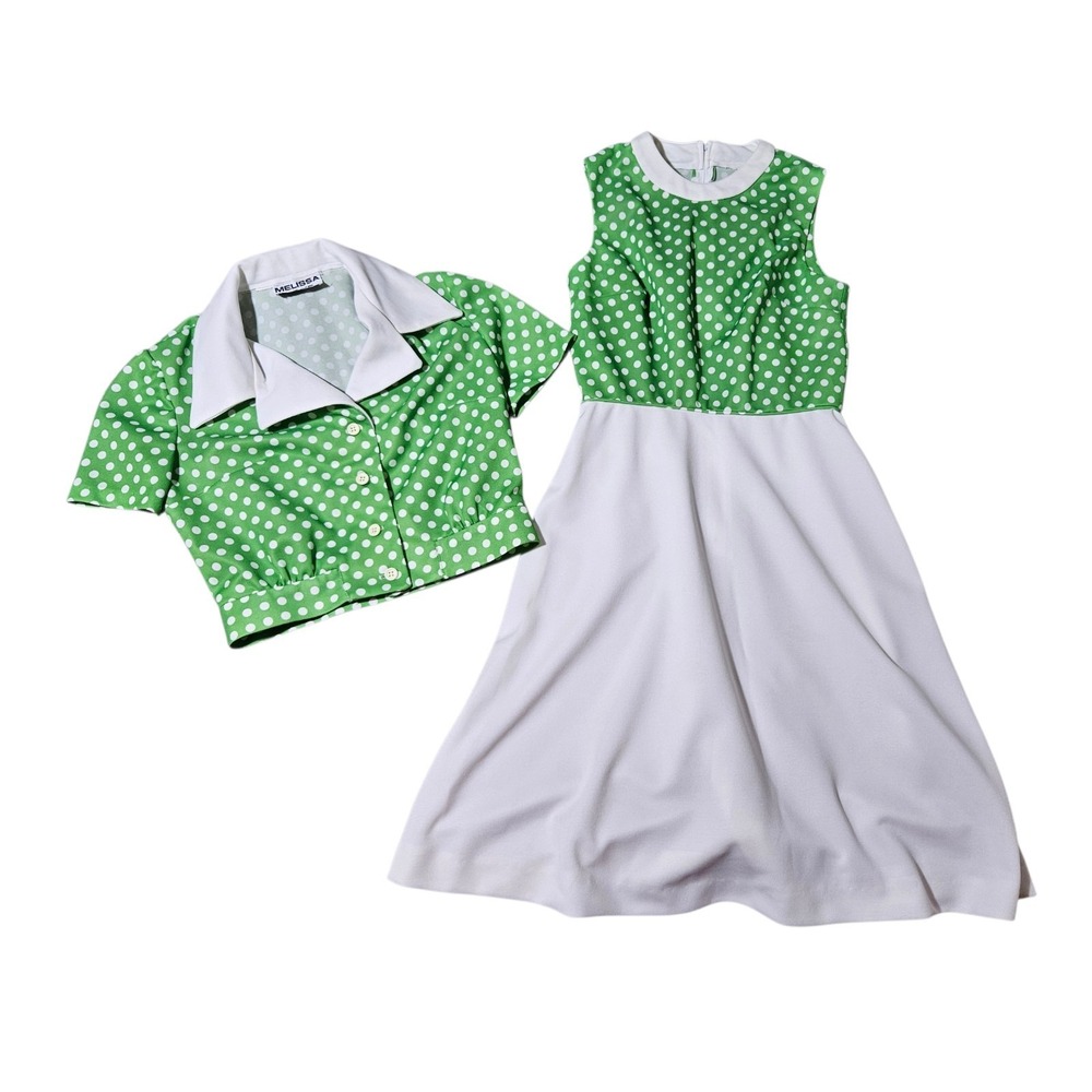 60s Rockabilly Green Polka Dot Sleeveless Dress & Crop Blazer Melissa Lane XS